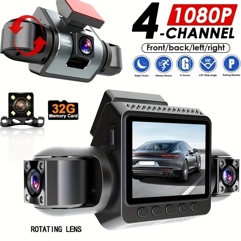 4 Channel Car Dash Cam，Car Video Surveillance with Night Vision， Car DVR Hd Screen Front Rear Left and Right Dashcam-Dash Camera for Car