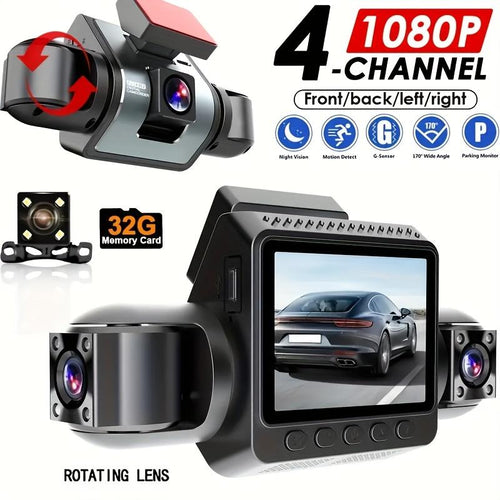 4 Channel Car Dash Cam，Car Video Surveillance with Night Vision， Car DVR Hd Screen Front Rear Left and Right Dashcam-Dash Camera for Car