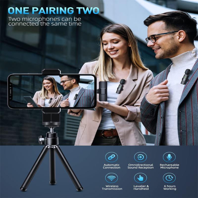 2 Pcs Wireless Mini Microphones for Iphone, Android, Ipad - Mini Wireless Clip-On Microphones Crystal Clear Sound Quality for Recording, Live Streaming,Vlog Microfono Minimic Usb C Interface Smartphone