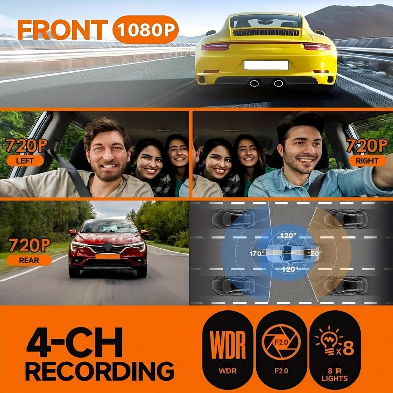 4 Channel Car Dash Cam，Car Video Surveillance with Night Vision， Car DVR Hd Screen Front Rear Left and Right Dashcam-Dash Camera for Car